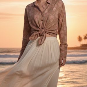 CAMISA DE ALGODÓN, DE MANGA LARGA, MARRÓN CON TIGRES EN ROJO