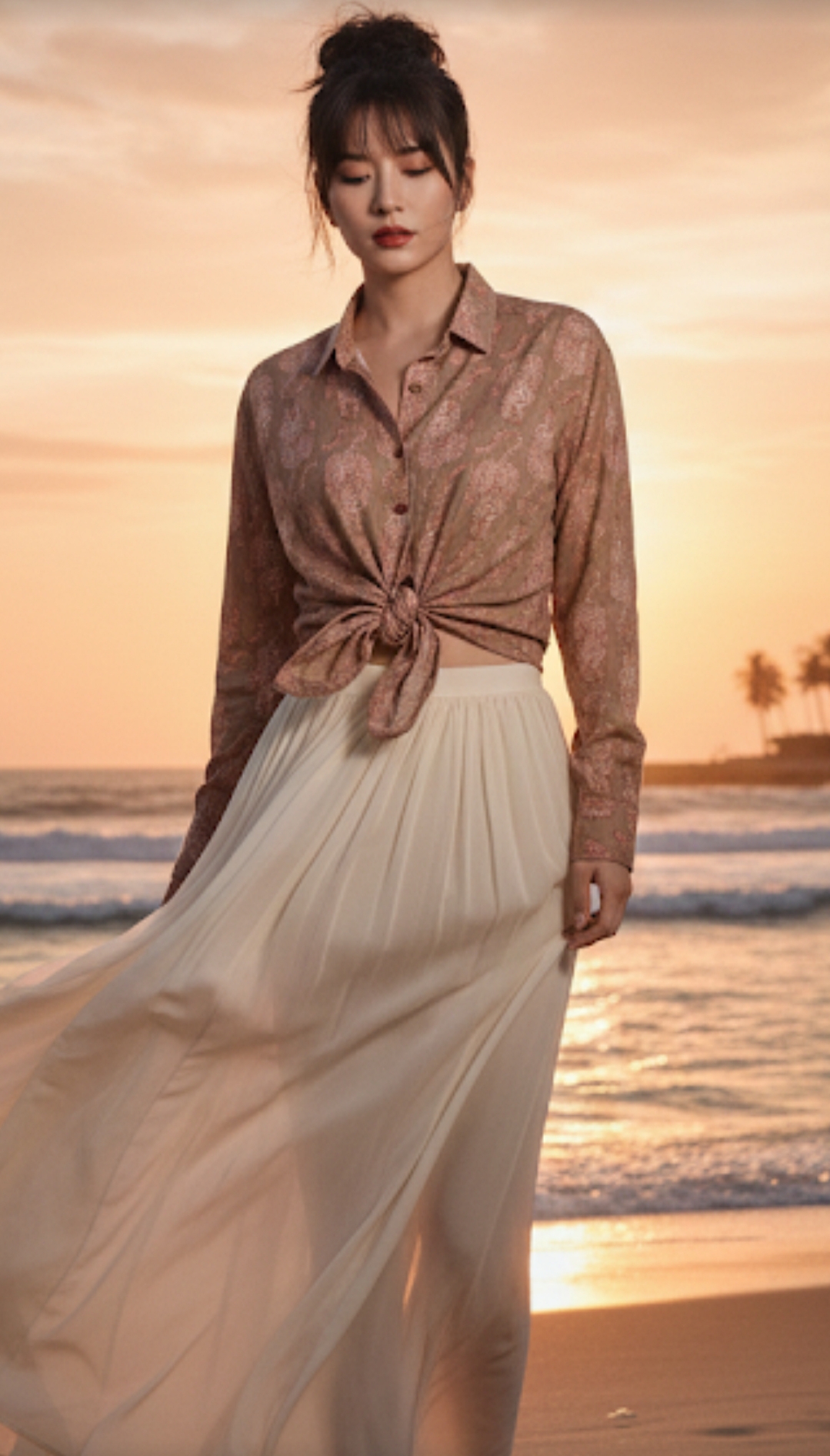 CAMISA DE ALGODÓN, DE MANGA LARGA, MARRÓN CON TIGRES EN ROJO