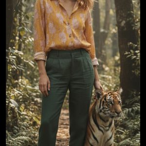 CAMISA DE ALGODÓN, DE MANGA LARGA, COLOR MOSTAZA CON TIGRES EN ROJO